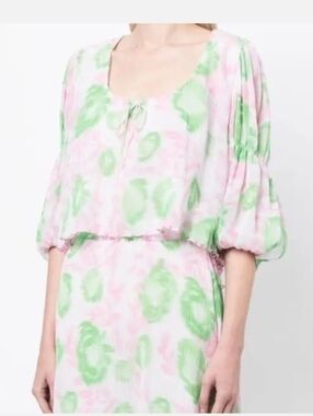 GANNI Floral-Print Pleated Georgette Blouse